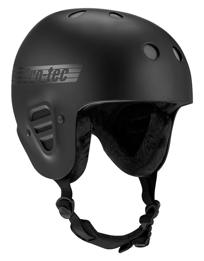 A matte black Pro-tec ski helmet with a chin strap, shown from a three-quarters angle against a plain white background.